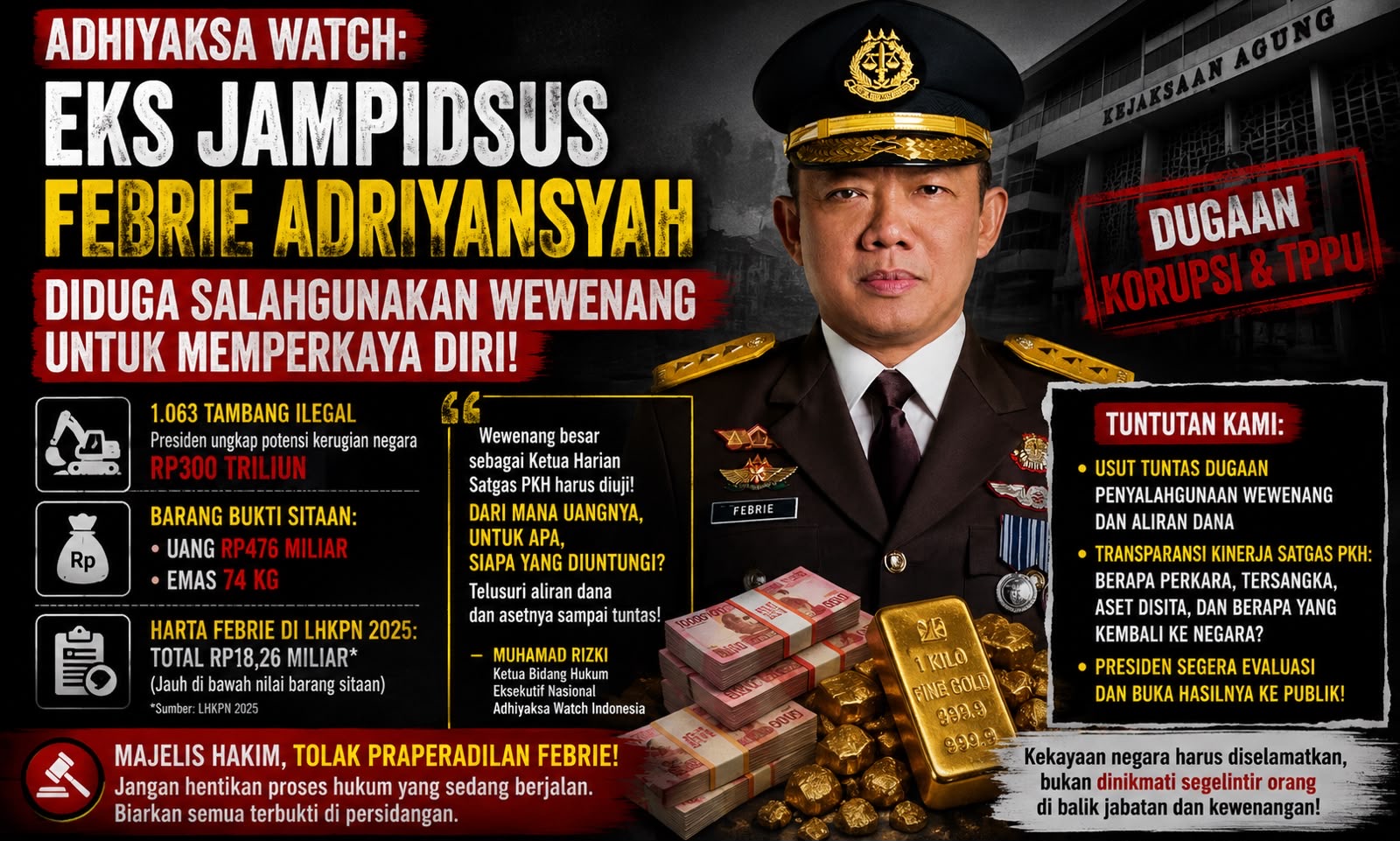 Adhiyaksa Watch Desak Evaluasi Satgas PKH di Tengah Kasus Hukum Febrie Adriansyah