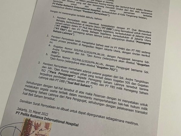 Surat Pernyataan Eka Hospital Tahun 2022 Beredar, Dugaan Upaya Pengambilalihan Saham Minoritas Mencuat